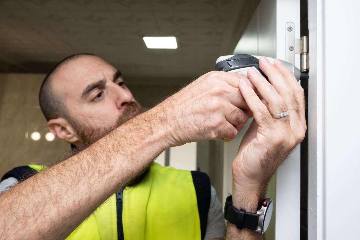 Cerrajero económico Coruña reparando puerta con herramientas